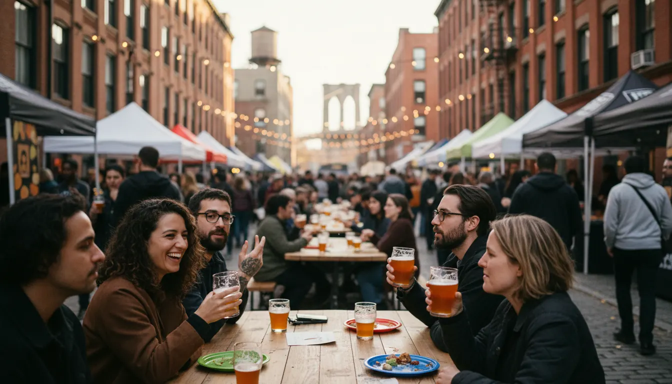 Diverse crowd enjoying craft beer charity event in Brooklyn neighborhood