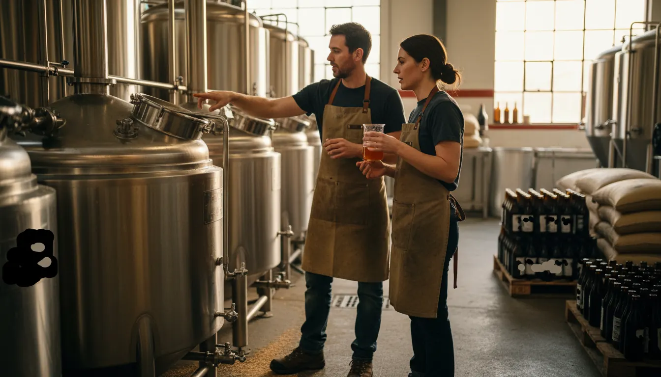 Brewers collaborating in Brooklyn craft brewery with brewing equipment