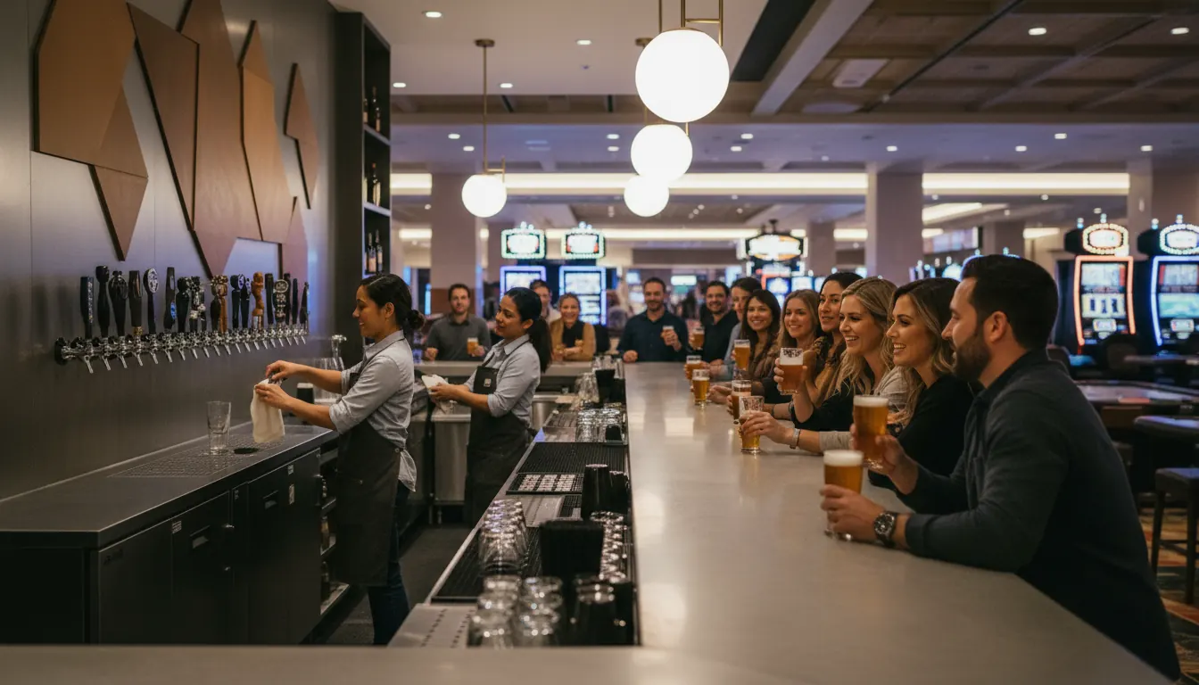 Modern craft beer bar inside casino resort with beer taps and customers