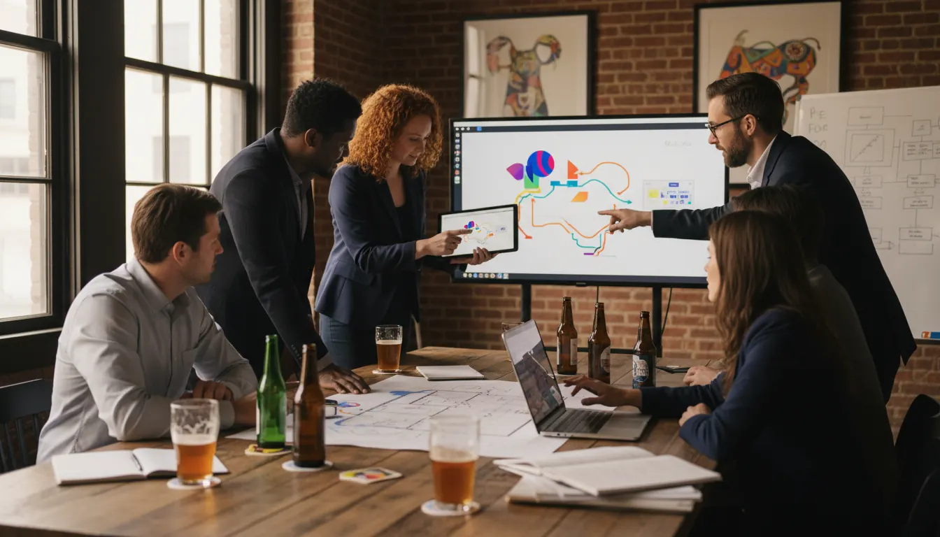 Event planning team reviewing Beer for Beasts logistics and strategies