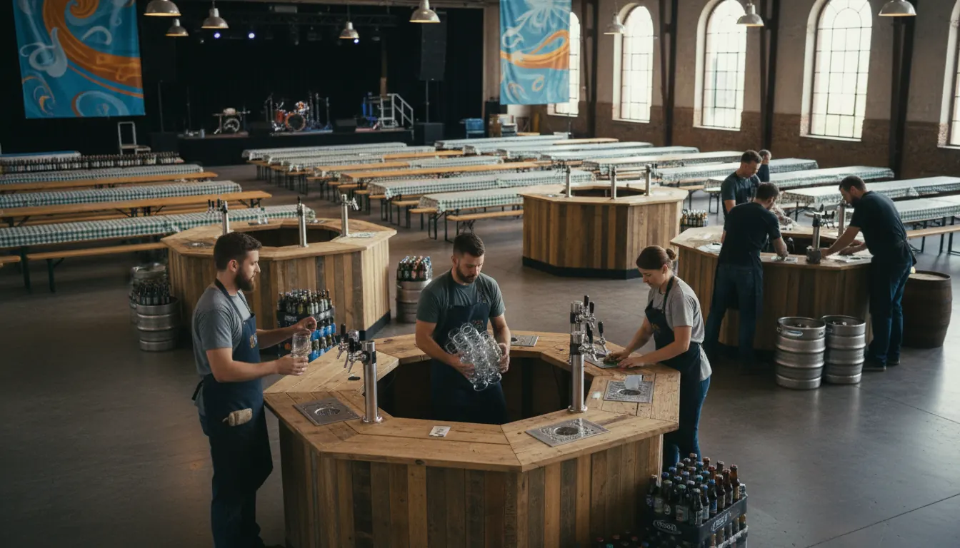 Event hall being set up for beer festival with tables and tasting stations