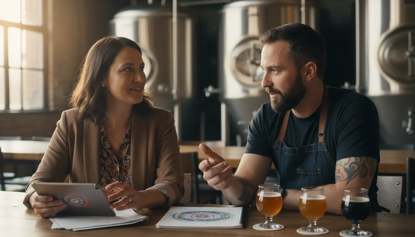 Nonprofit representative and brewery owner discussing collaboration details